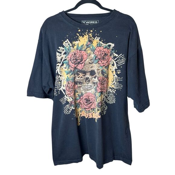 Y2K Avirex Black Skull Rose Rhinestone T-Shirt XXL Biker Grunge Indie Sleaze - Picture 1 of 7